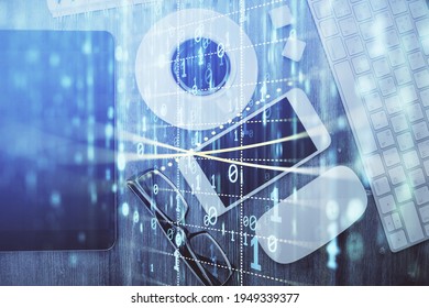 Multi exposure of technology theme drawing over work table desktop. Top view. Global data analysis concept.