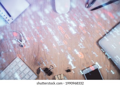 Multi exposure of technology theme drawing over work table desktop. Top view. Global data analysis concept.