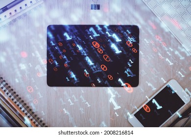 Multi exposure of technology theme drawing over work table desktop. Top view. Global data analysis concept.