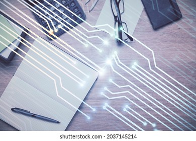 Multi exposure of technology theme drawing over table with phone. Top view. Concept of hightech.