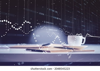 Multi exposure of technology theme drawing and desktop with coffee and items on table background. Concept of data research.