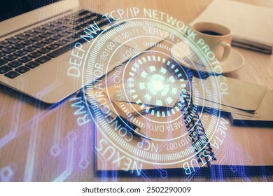 Multi exposure of technology theme drawing and desktop with coffee and items on table background. Concept of data research.