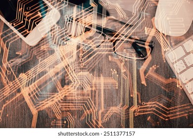 Multi exposure of technology theme drawing over table with phone. Top view. Concept of hightech.
