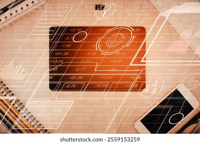 Multi exposure of technology theme drawing over work table desktop. Top view. Global data analysis concept.