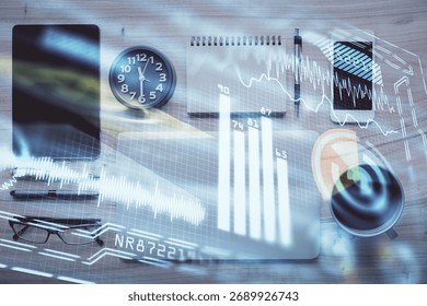 Multi exposure of technology theme drawing over table with phone. Top view. Concept of hightech.