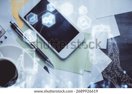 Multi exposure of technology theme drawing over table with phone. Top view. Concept of hightech.