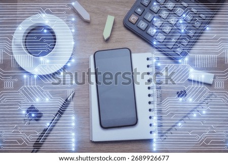 Multi exposure of technology theme drawing over table with phone. Top view. Concept of hightech.