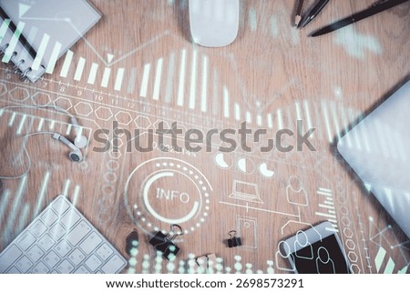 Multi exposure of technology theme drawing over table with phone. Top view. Concept of hightech.