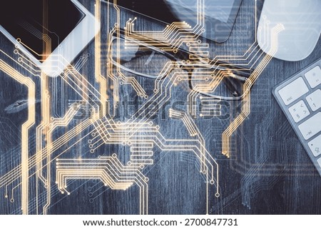 Multi exposure of technology theme drawing over table with phone. Top view. Concept of hightech.