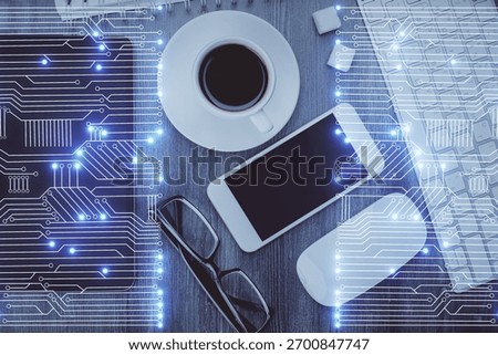 Multi exposure of technology theme drawing over table with phone. Top view. Concept of hightech.