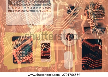 Multi exposure of technology theme drawing over table with phone. Top view. Concept of hightech.