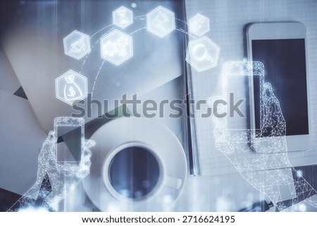 Multi exposure of technology theme drawing over table with phone. Top view. Concept of hightech.