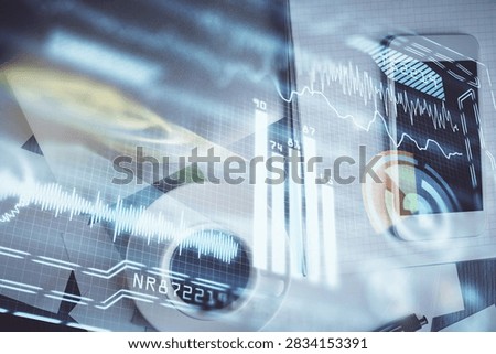 Multi exposure of technology theme drawing over table with phone. Top view. Concept of hightech.