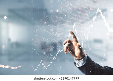 Multi exposure of trader hand presses on virtual abstract financial chart and world map on blurred office background, research and analytics concept
