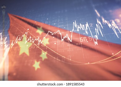 Multi Exposure Of Virtual Abstract Financial Diagram On Flag Of China And Blue Sky Background, Banking And Accounting Concept