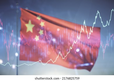 Multi exposure of virtual abstract financial diagram on flag of China and blue sky background, banking and accounting concept