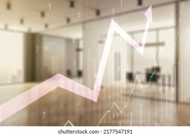 Multi Exposure Of Virtual Abstract Financial Chart And Upward Arrow Interface On Modern Corporate Office Background, Rise And Breakthrough Concept