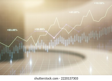Multi exposure of virtual abstract financial graph interface on modern interior background, financial and trading concept