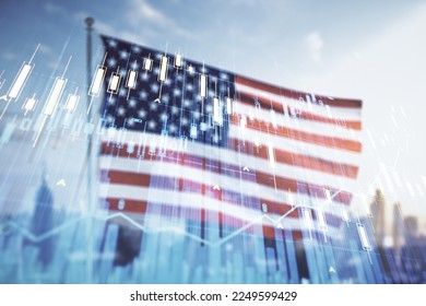 Multi exposure of virtual abstract financial graph interface on US flag and skyline background, financial and trading concept - Powered by Shutterstock