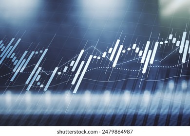 Multi exposure of virtual abstract financial graph interface on blurry contemporary office building background, financial and trading concept