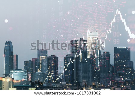 Multi exposure of virtual abstract financial chart hologram and world map on Los Angeles skyscrapers background, research and analytics concept