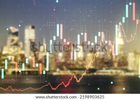 Multi exposure of virtual abstract financial diagram on blurry office buildings background, banking and accounting concept