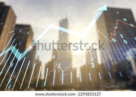 Multi exposure of virtual abstract financial graph and upward arrow on modern architecture background, financial and trading concept