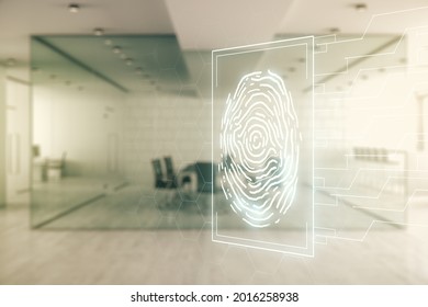 Multi Exposure Of Virtual Abstract Fingerprint Illustration On A Modern Furnished Office Background, Digital Access Concept