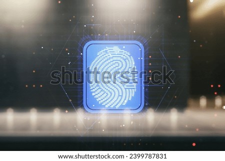 Multi exposure of virtual abstract fingerprint illustration on blurry modern office building background, digital access concept