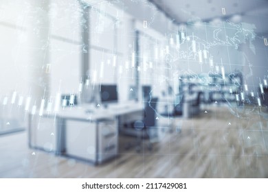 Multi exposure of virtual creative financial graph and world map on a modern furnished office background, forex and investment concept