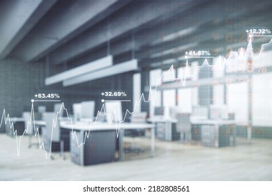 Multi Exposure Of Virtual Creative Financial Chart Hologram On Modern Corporate Office Background, Research And Analytics Concept