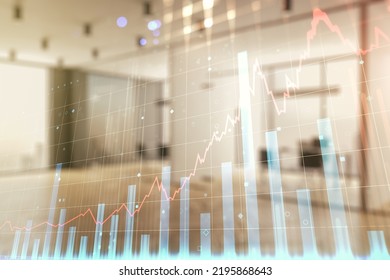 Multi Exposure Of Virtual Creative Financial Chart Hologram On Modern Corporate Office Background, Research And Analytics Concept