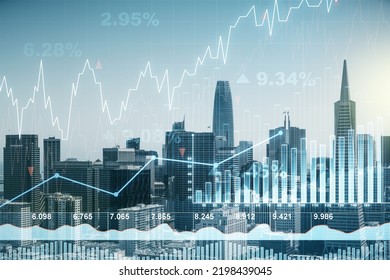 Multi exposure of virtual creative financial chart hologram on San Francisco skyscrapers background, research and analytics concept - Shutterstock ID 2198439045