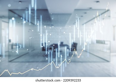 Multi Exposure Of Virtual Creative Financial Chart Hologram On Modern Corporate Office Background, Research And Analytics Concept