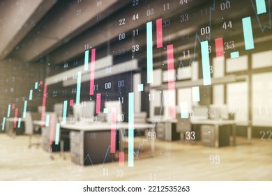 Multi Exposure Of Virtual Creative Financial Chart Hologram On Modern Corporate Office Background, Research And Analytics Concept