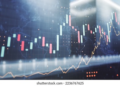 Multi exposure of virtual creative financial graph and world map on blurry modern office building background, forex and investment concept