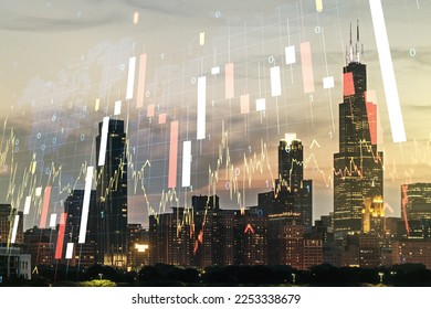 Multi exposure of virtual creative financial graph and world map on Chicago city skyline background, forex and investment concept - Shutterstock ID 2253338679