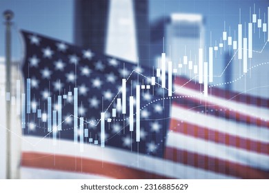 Multi exposure of virtual creative financial chart hologram on USA flag and blurry skyscrapers background, research and analytics concept - Powered by Shutterstock