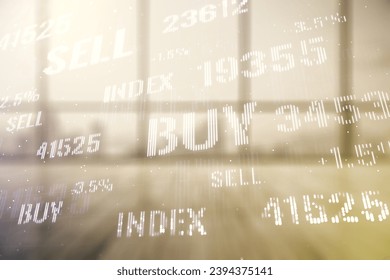 Multi exposure of virtual creative financial chart hologram on empty modern office background, research and analytics concept