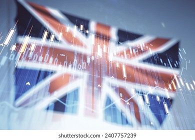 Multi exposure of virtual creative financial chart hologram on British flag and blue sky background, research and analytics concept