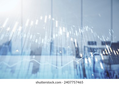 Multi exposure of virtual creative financial chart hologram on a modern meeting room background, research and analytics concept - Powered by Shutterstock