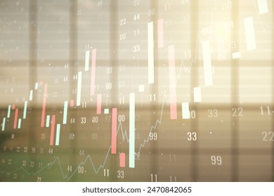 Multi exposure of virtual creative financial chart hologram on empty modern office background, research and analytics concept