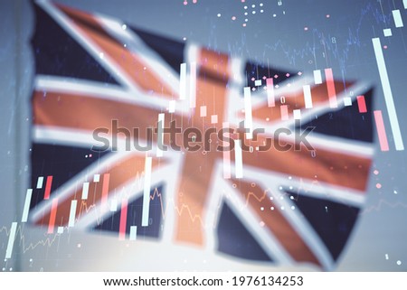 Multi exposure of virtual creative financial chart hologram on British flag and blue sky background, research and analytics concept