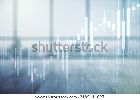 Multi exposure of virtual creative financial chart hologram on empty modern office background, research and analytics concept