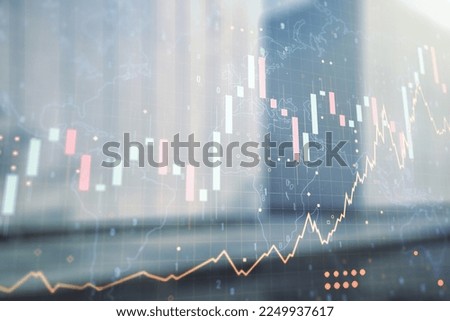 Multi exposure of virtual creative financial graph and world map on blurry modern office building background, forex and investment concept