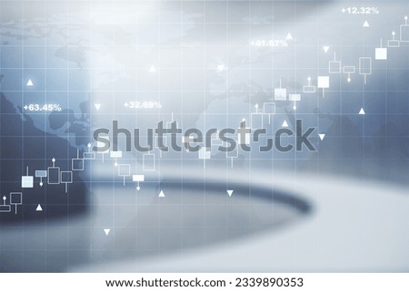 Multi exposure of virtual creative financial graph and world map on empty corporate office background, forex and investment concept