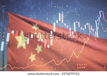 Multi exposure of virtual creative financial graph and world map on flag of China and sunset sky background, forex and investment concept
