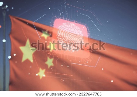 Multi exposure of virtual creative fingerprint hologram on Chinese flag and blue sky background, personal biometric data concept