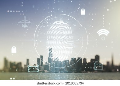 Multi exposure of virtual fingerprint scan interface on San Francisco office buildings background, digital access concept