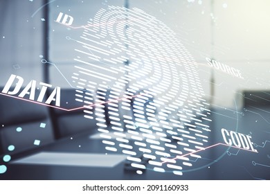 Multi exposure of virtual fingerprint scan interface on a modern furnished office interior background, digital access concept